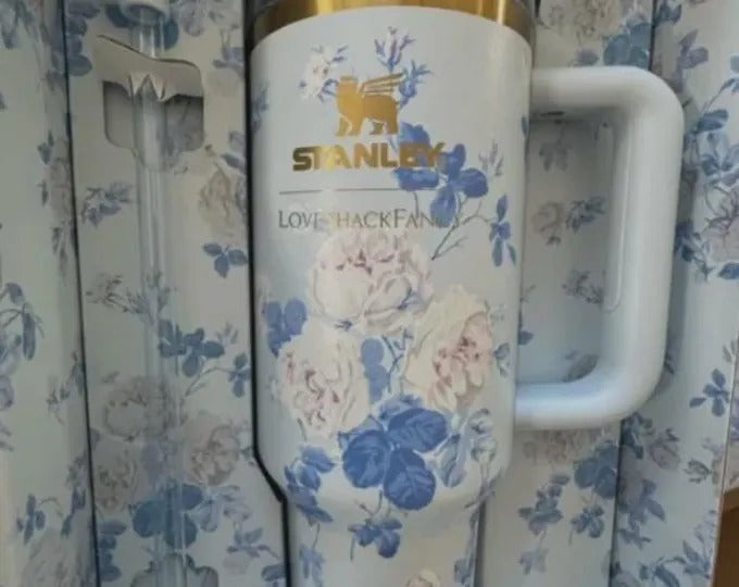 Stanley 40oz Floral Tumbler with Handle & Straw | Blue Vintage Flower Insulated Travel Mug | Reusable Stainless Steel Cup