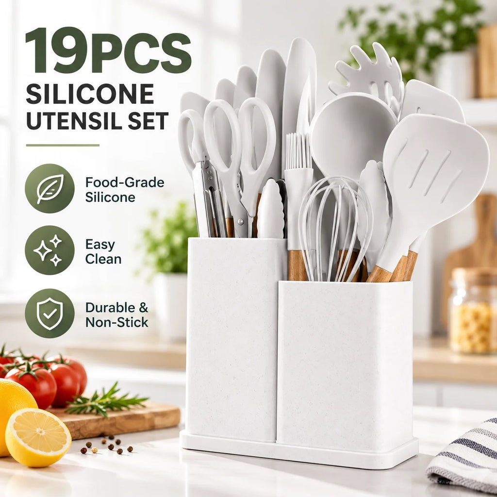 19-Piece Silicone Kitchen Utensil Set with Knife Block & Holder