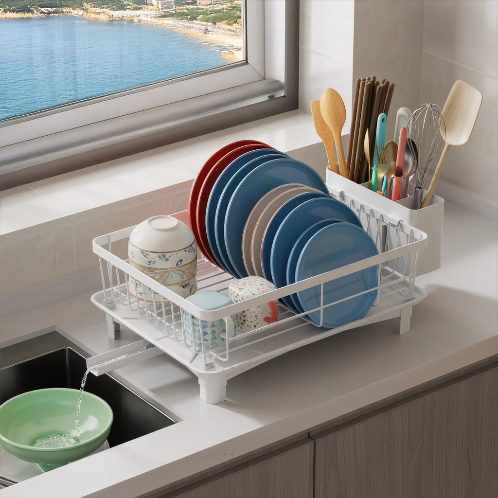Large Expandable Dish Drying Rack with Drip Tray & Cutlery Holder