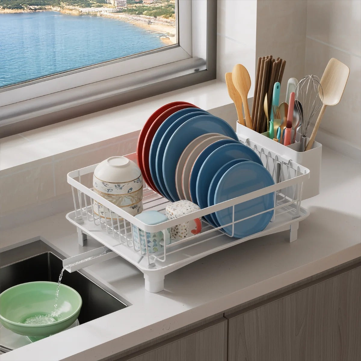 Large Expandable Dish Drying Rack with Drip Tray & Cutlery Holder