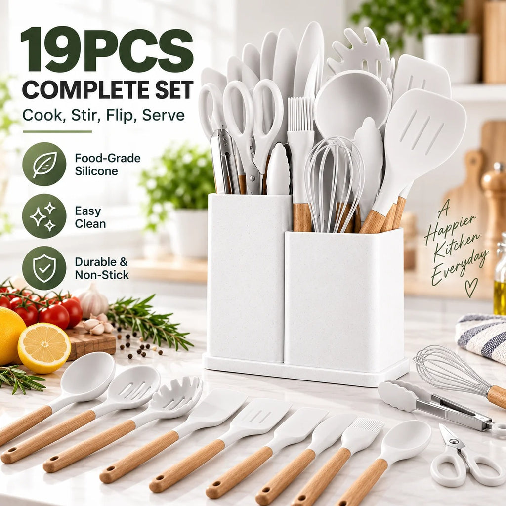 19-Piece Silicone Kitchen Utensil Set with Knife Block & Holder