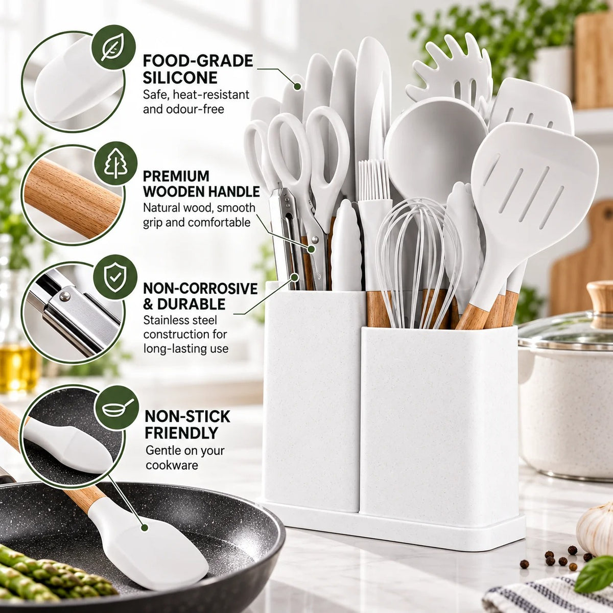 19-Piece Silicone Kitchen Utensil Set with Knife Block & Holder