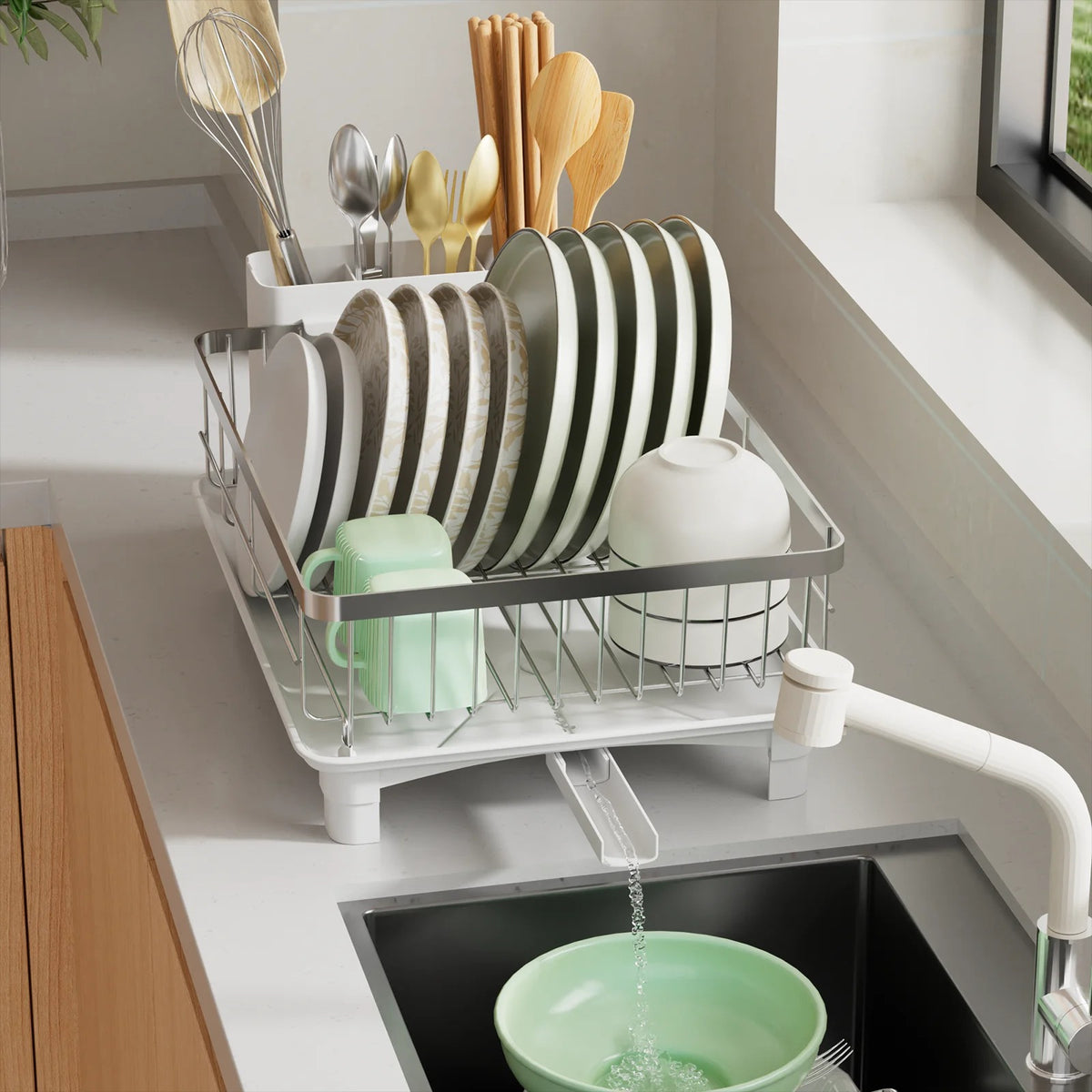 Large Expandable Dish Drying Rack with Drip Tray & Cutlery Holder