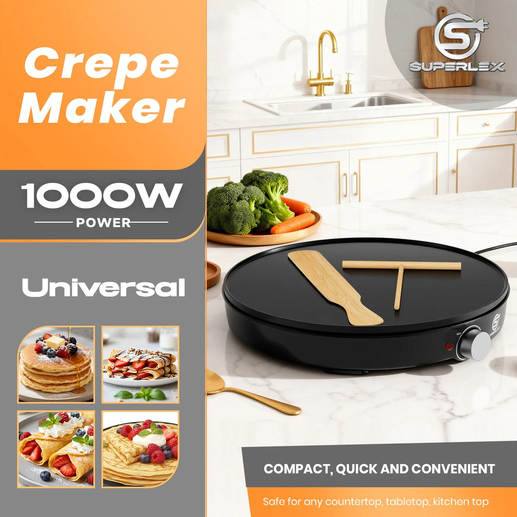 Electric Crepe & Pancake Maker - 1000W Non-Stick Griddle (30cm)
