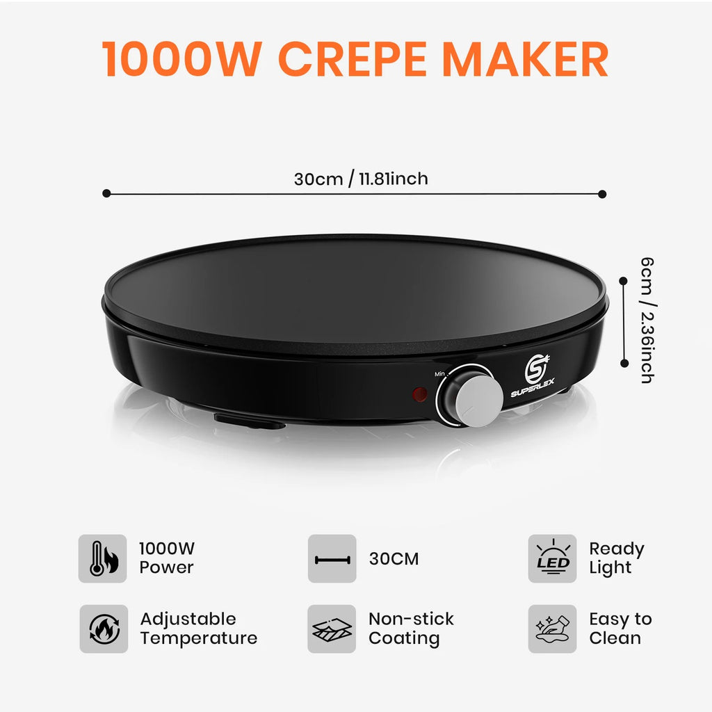 Electric Crepe & Pancake Maker - 1000W Non-Stick Griddle (30cm)