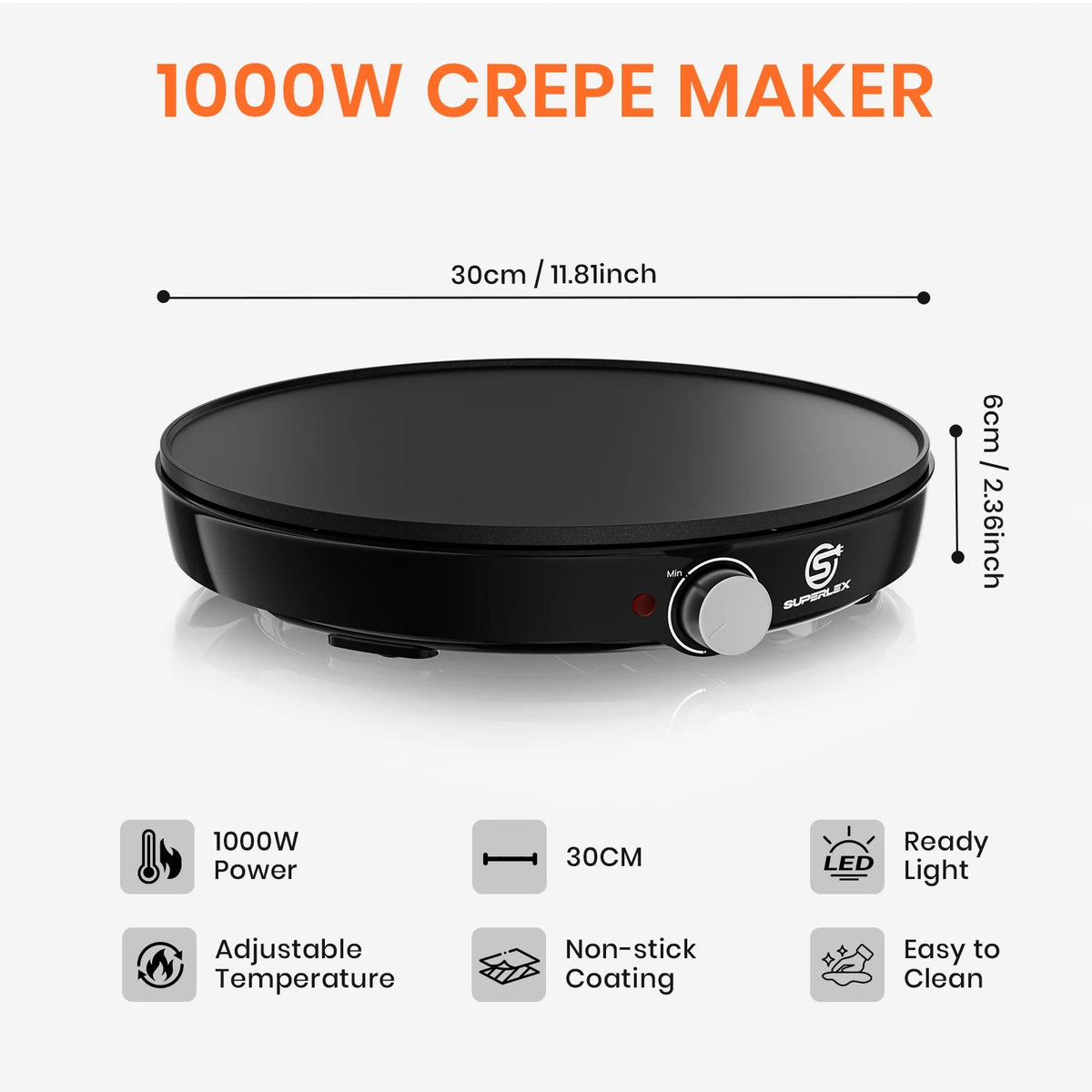 Electric Crepe & Pancake Maker - 1000W Non-Stick Griddle (30cm)
