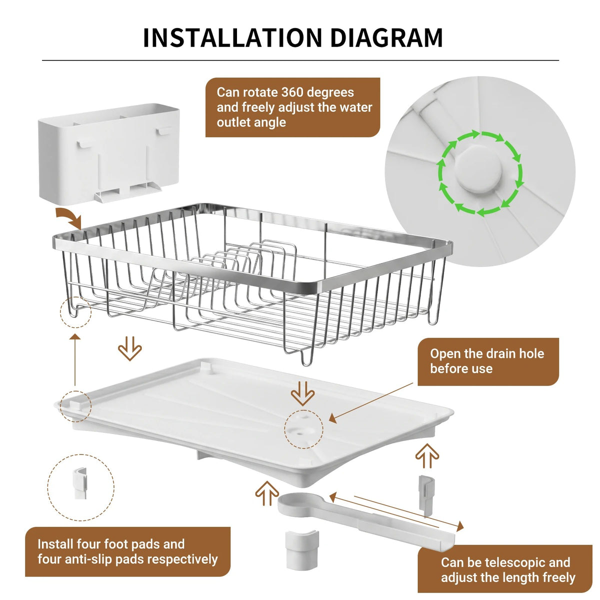 Large Expandable Dish Drying Rack with Drip Tray & Cutlery Holder