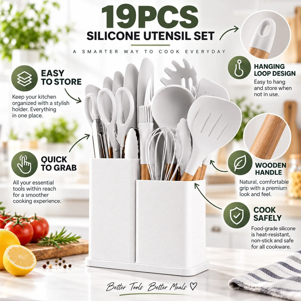 19-Piece Silicone Kitchen Utensil Set with Knife Block & Holder