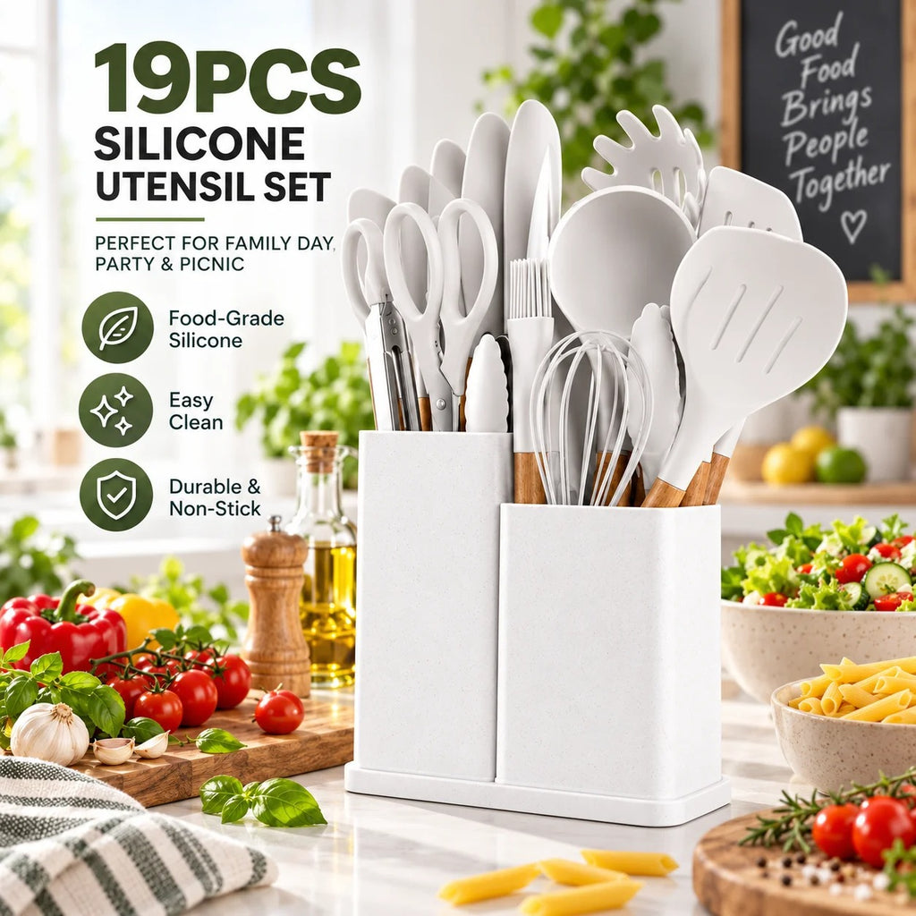 19-Piece Silicone Kitchen Utensil Set with Knife Block & Holder