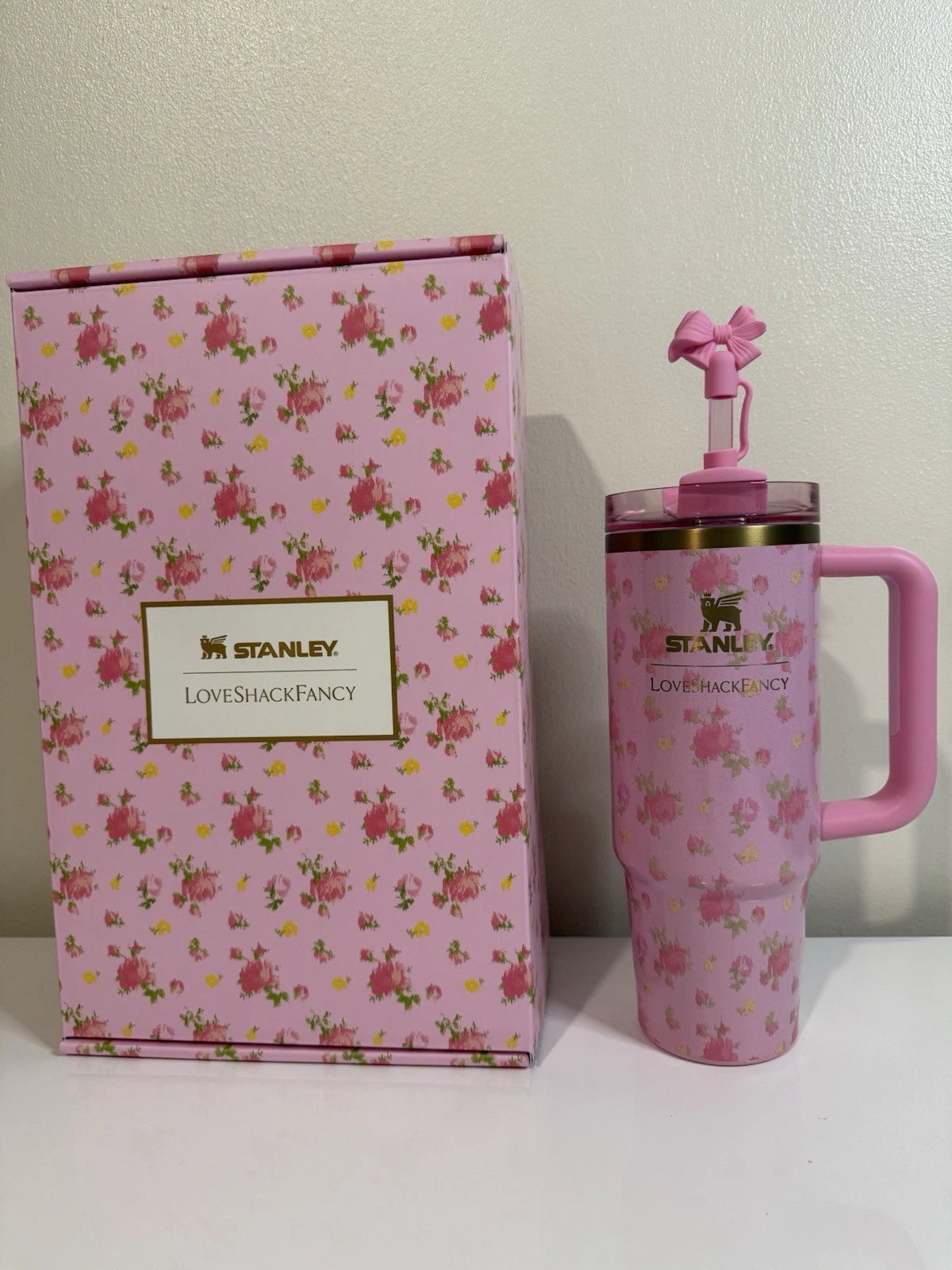 Stanley x LoveShackFancy 40 oz Quencher H2.0 FlowState Tumbler – Pink Floral Limited Edition with Handle & Straw