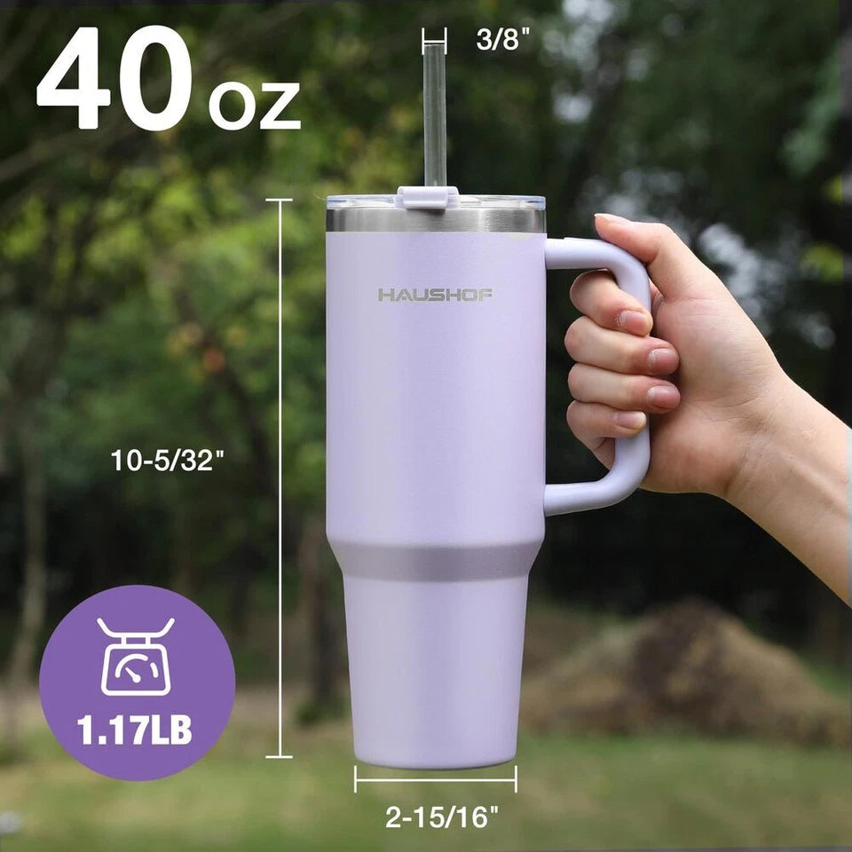 HausHoF 40oz Insulated Tumbler with Handle & Straw – Stainless Steel Travel Mug
